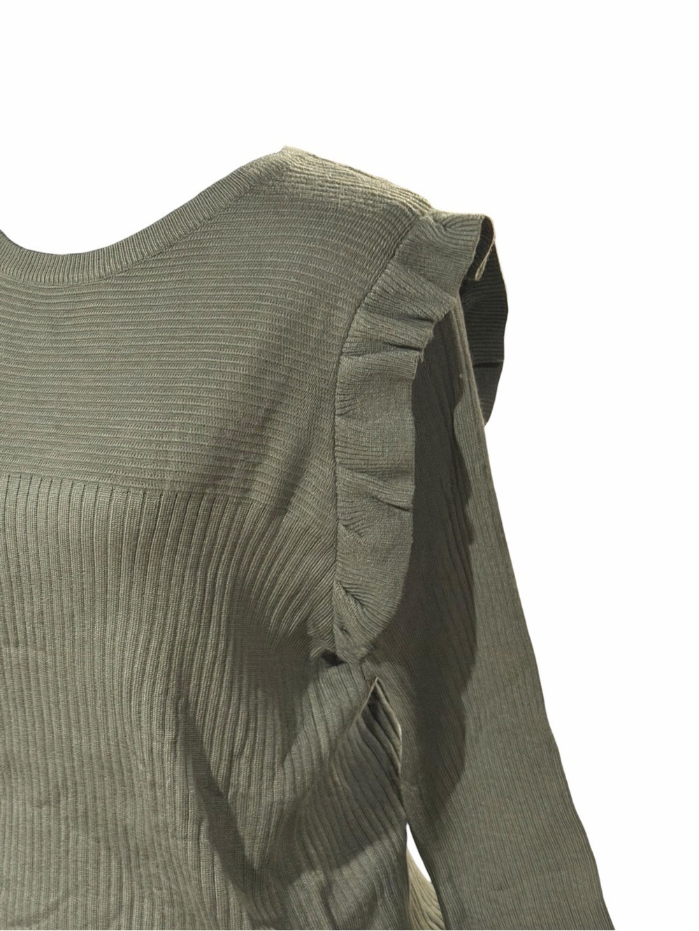 Deepself Olive Green Ruffle Shoulder Ribbed Knit Sweater Large - Picture 3 of 9